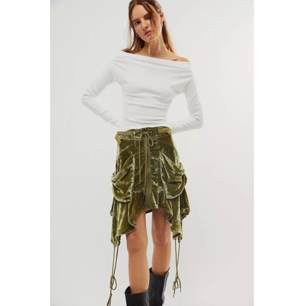NWT Free People Paxton Parachute Velvet Utility Skirt 6 Olive Gorpcore Y2K